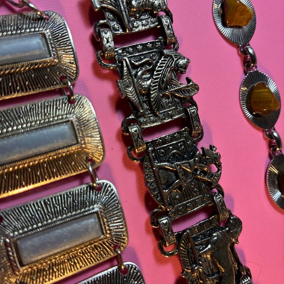3 Bracelets * Tiger Eye Teeth Silver tone* Celluloid Blue Rectangles* Egyptian - Picture 12 of 15